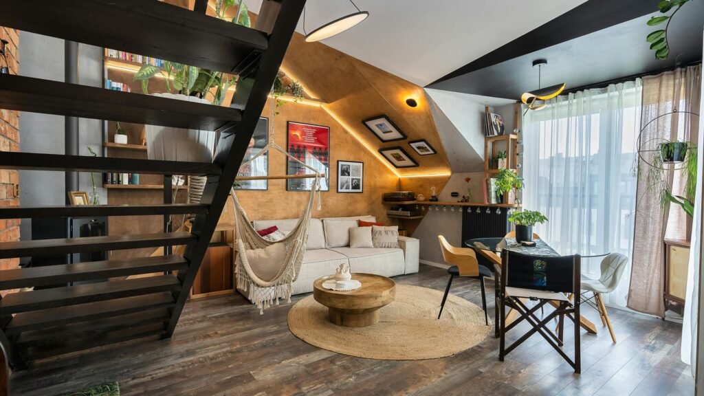 Modern loft living space showcasing Interior Design Trends with stylish wooden flooring, floating staircase, cozy furniture, natural light, and contemporary décor details